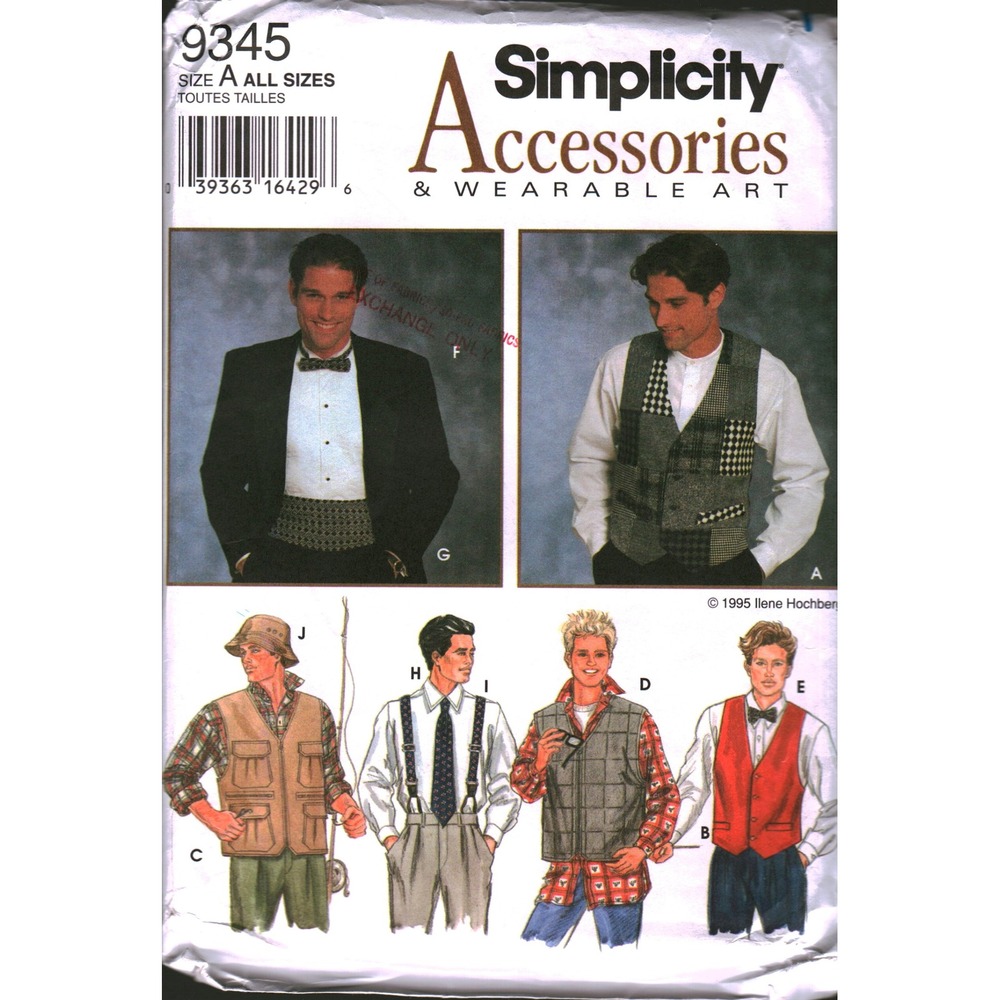 Simplicity 9345 Men Teen Boys Vest Accessories Tie Hat Sewing Pattern Size XS-XL